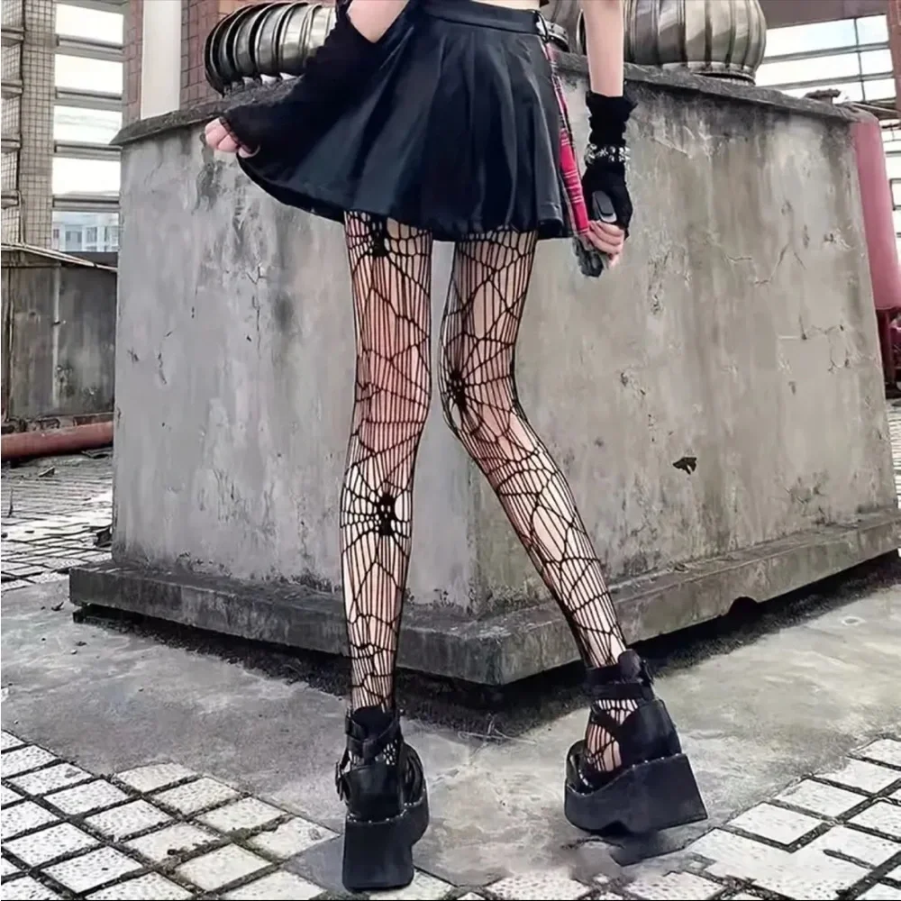 Black Gothic Skull Pattern Fishnet Tights Sexy Hollow Out Mesh Pantyhose OneSize